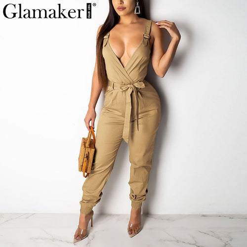 Glamaker Cotton overalls women sexy club jumpsuit romper Elegant khaki bodycon jumpsuit summer deep v neck belt long jumpsuit
