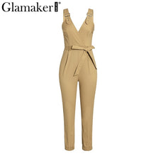 Load image into Gallery viewer, Glamaker Cotton overalls women sexy club jumpsuit romper Elegant khaki bodycon jumpsuit summer deep v neck belt long jumpsuit