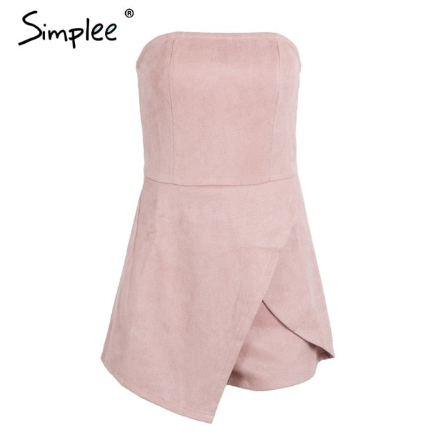 Simplee Strapless leather suede jumpsuit romper Women slim pink winter irregular short playsuit Elegant autumn female overalls