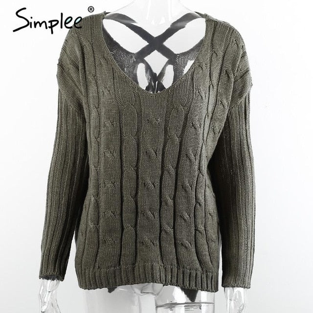 Simplee Autumn cross top Backless knitted sweater women 2016 Oversized winter knitwear Loose jumpers white pullover