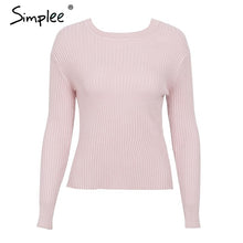 Load image into Gallery viewer, Simplee Backless bow knitted sweater women O neck casual pullover female 2017 autumn knitting jumper winter sweater pull femme