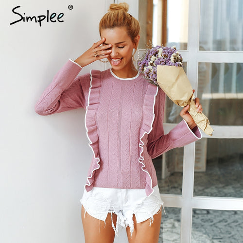 Simplee Side ruffles sweater women winter 2018 sweet Flare sleeve slim autumn sweater pullover O neck casual short female jumper
